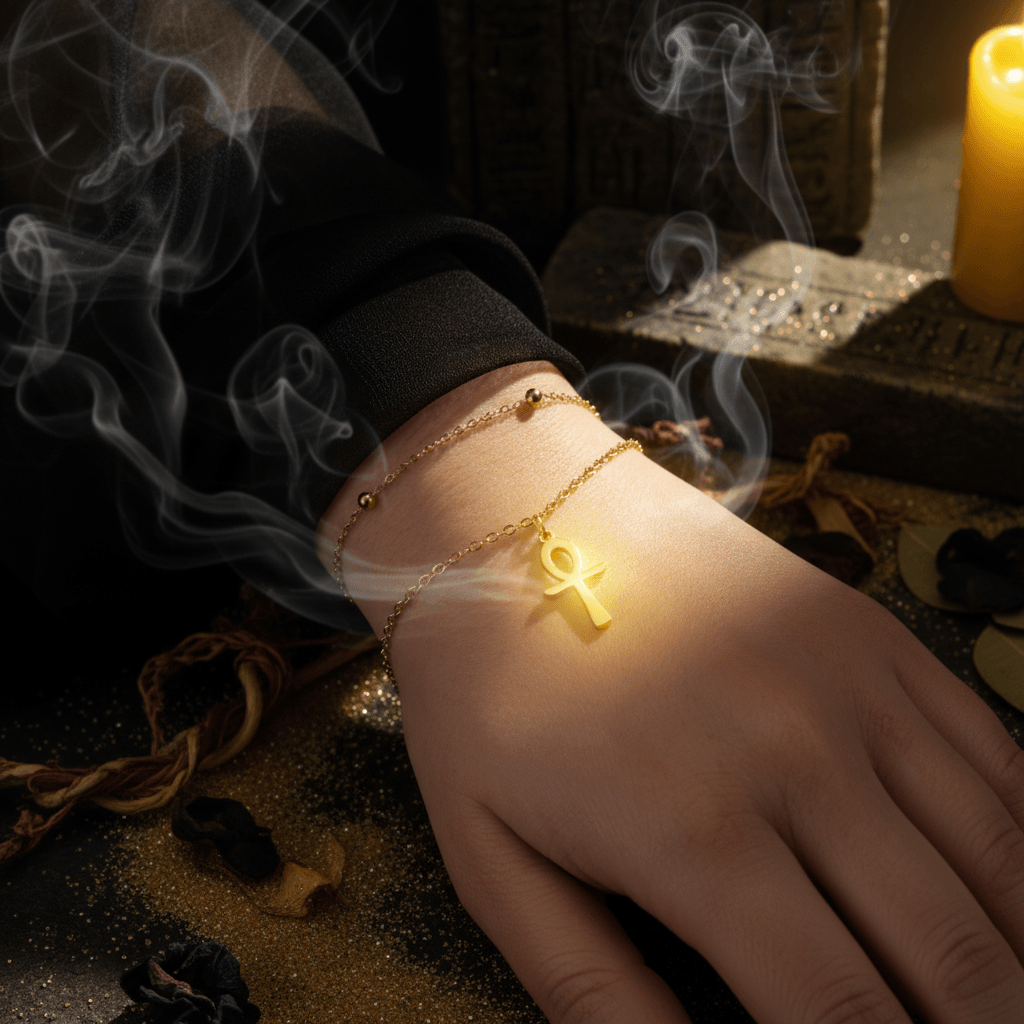 A close-up of a person's wrist and hand wearing two delicate gold bracelets. One bracelet has a fine chain with small bead accents, and the other has a chain with a polished gold ankh pendant.