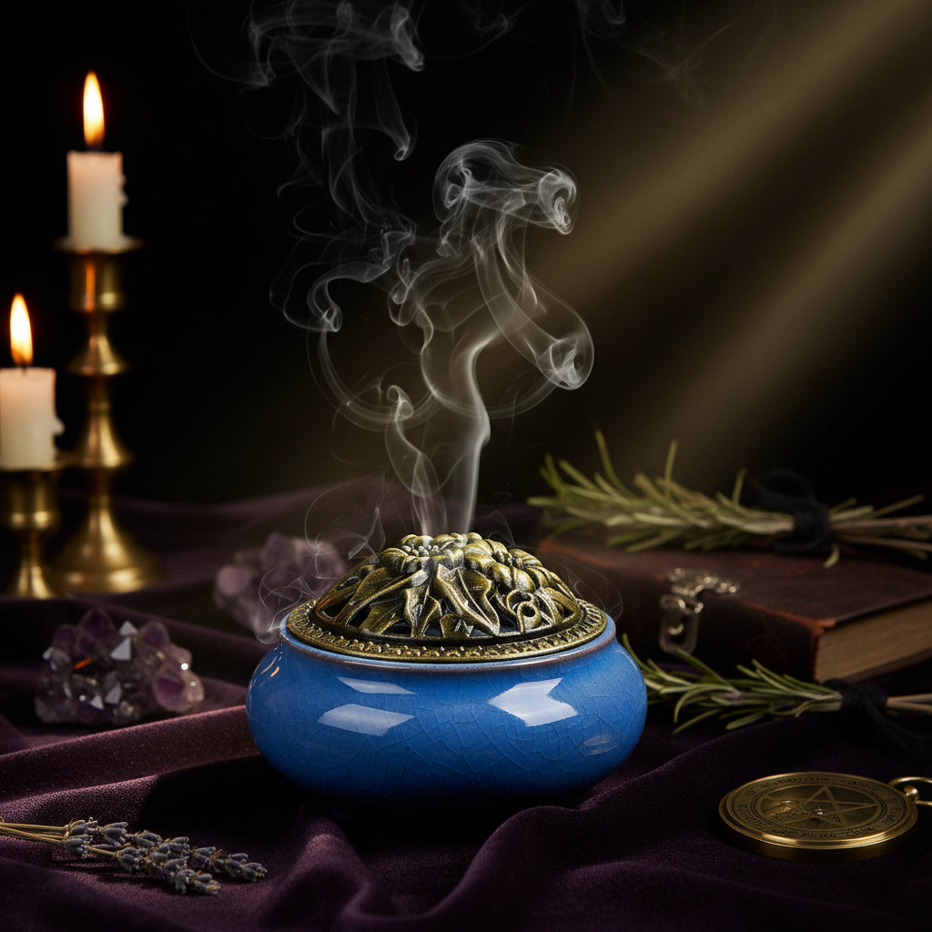 A blue ceramic incense burner with a glossy crackle glaze, featuring a decorative metallic lid with a floral relief design, set on a wooden surface against a black background.