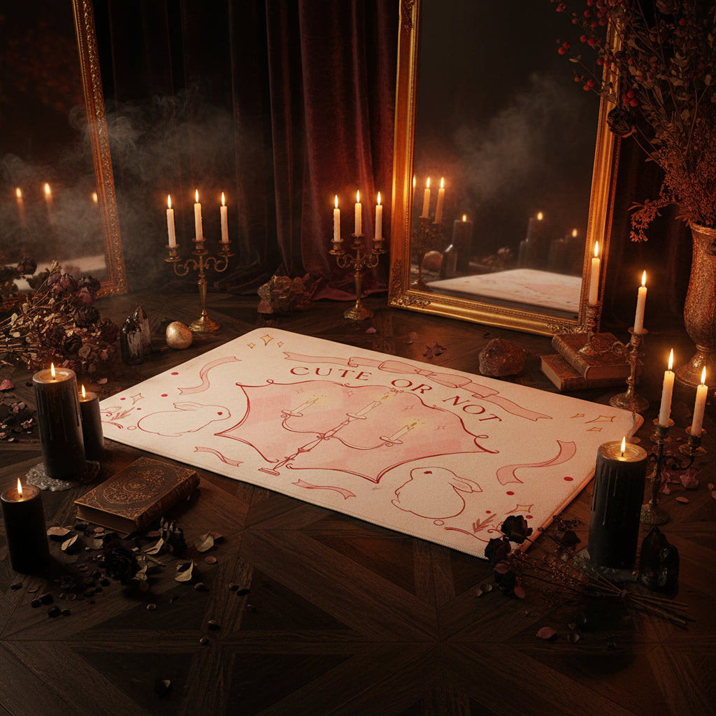 A rectangular floor mat with a cute pastel design featuring the words 'CUTE OR NOT', a pink candelabra, rabbits, and ribbon motifs, styled on a light wood floor near white lace curtains.