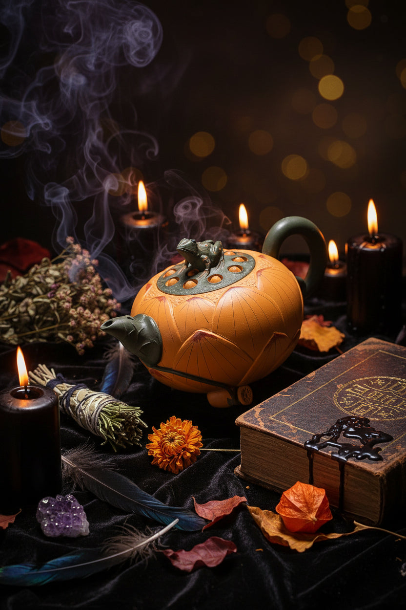 Decorative teapot with a frog design on a dark background