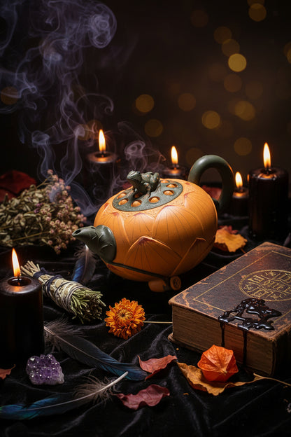 Decorative teapot with a frog design on a dark background