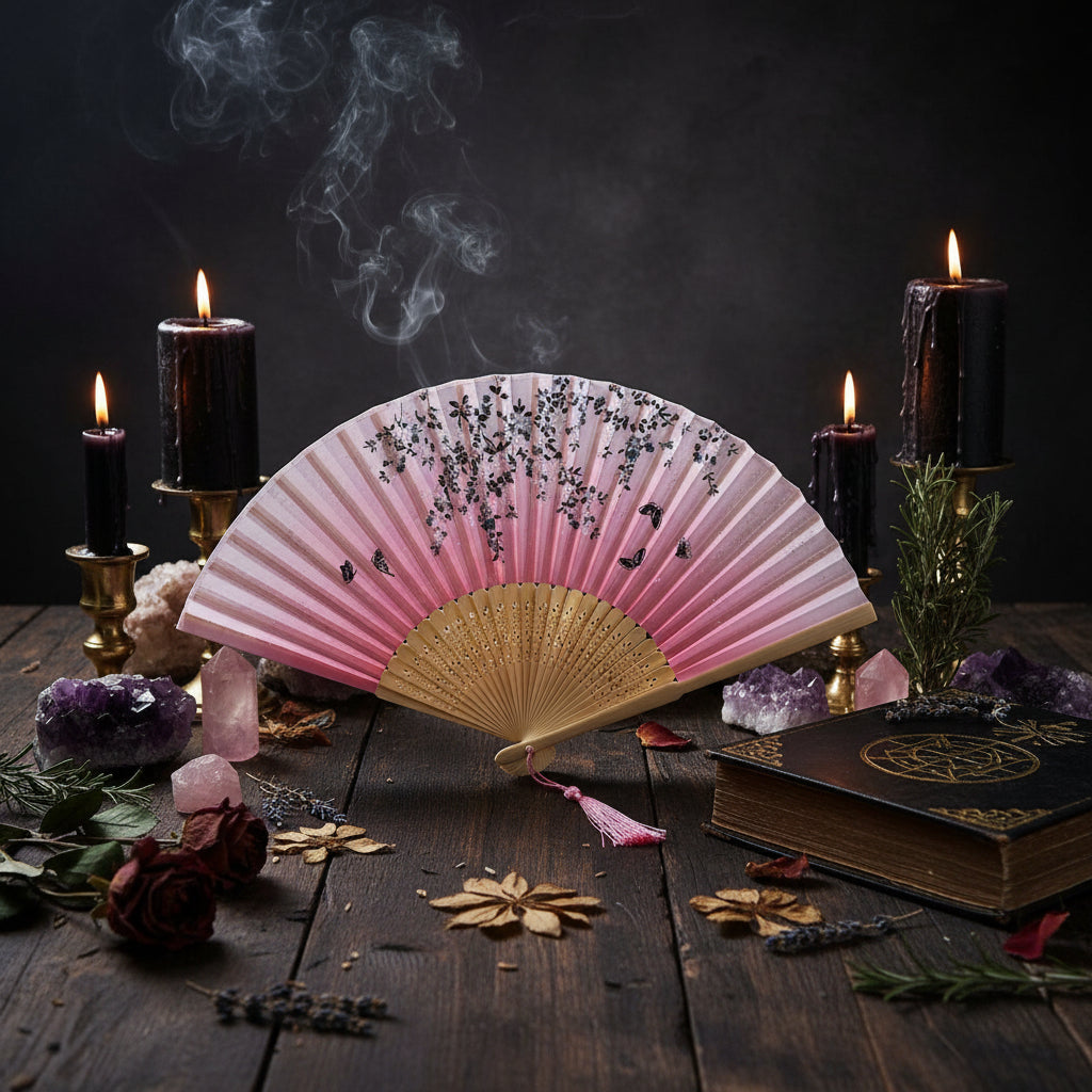 Pink and beige hand fan with floral design on a light gray background with pink flowers.