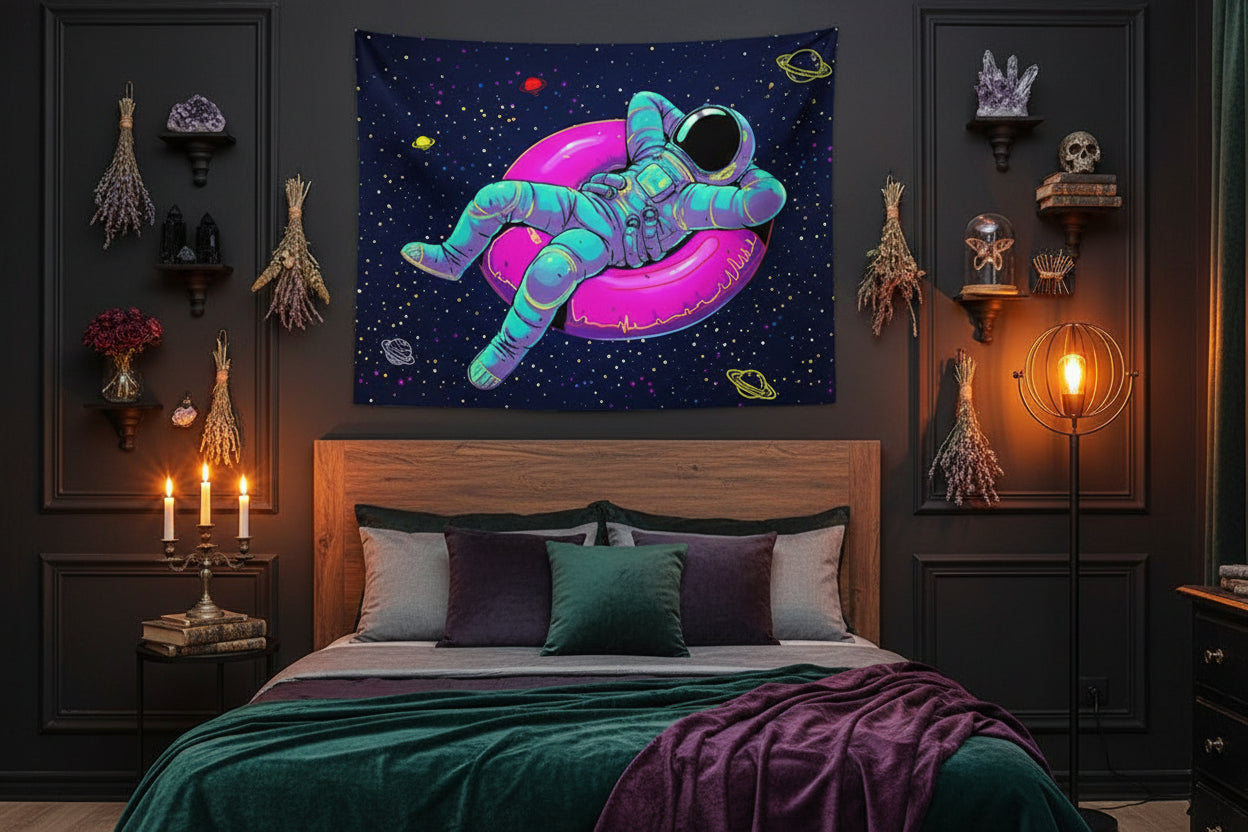 Tapestry with an astronaut design hanging above a bed