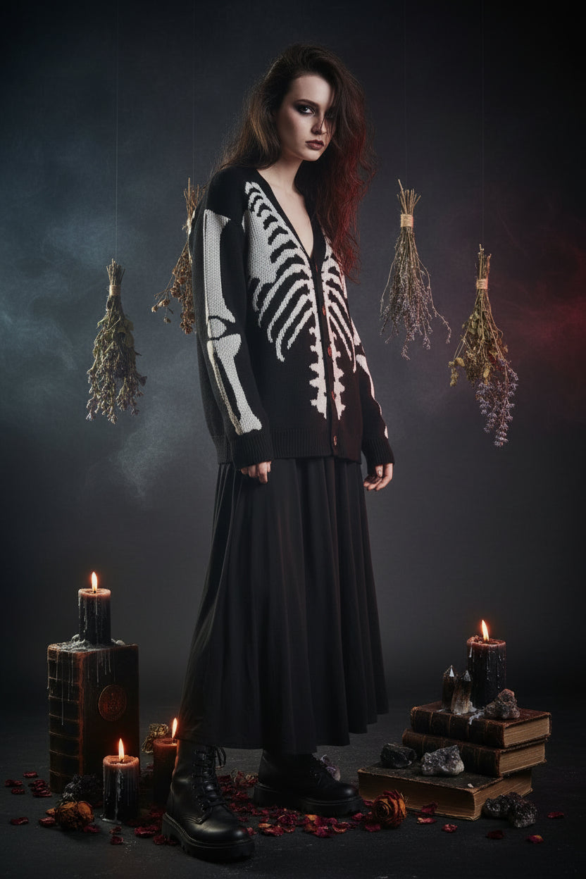 Black cardigan with white skeleton design on a white background