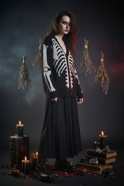 Black cardigan with white skeleton design on a white background