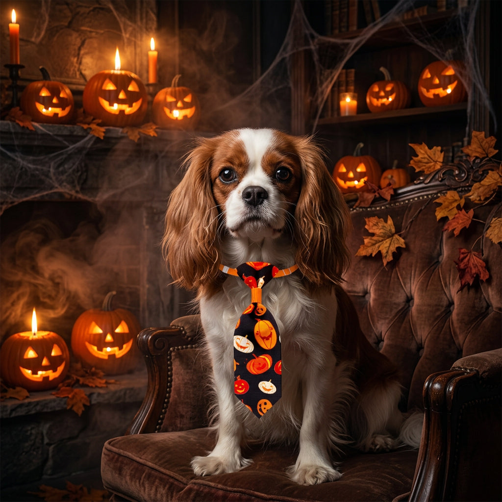 Halloween-themed dog tie with pumpkins on a black background, attached to an orange elastic band.
