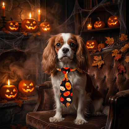 Halloween-themed dog tie with pumpkins on a black background, attached to an orange elastic band.
