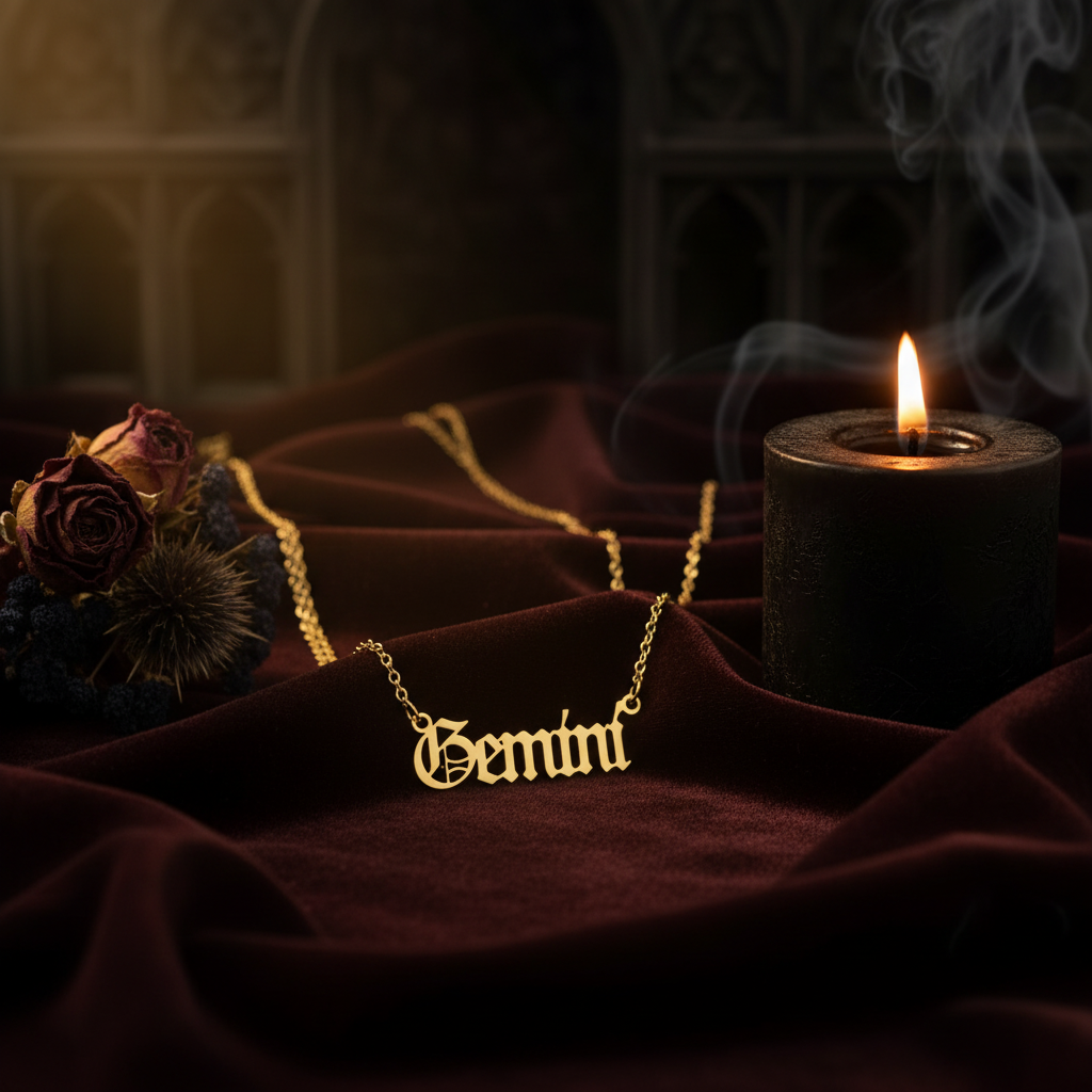 Gold 'Gemini' necklace on a black background