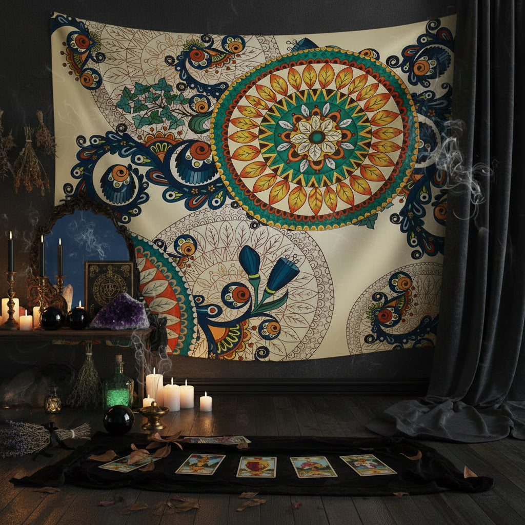 Decorative tapestry with mandala design hanging on a wall in a room.