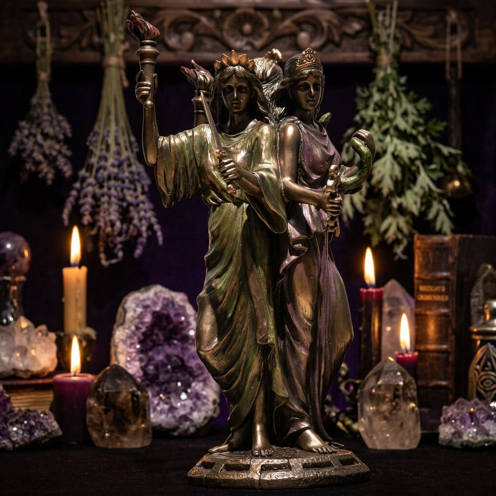 A bronze-finished statue of two draped female figures standing together on a decorative base, one holding a torch and the other holding a curved object, photographed against a plain white background.