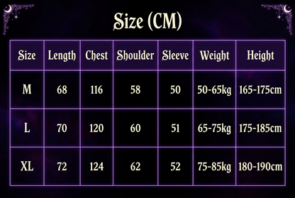 A size chart table in CM showing size M, L, and XL with length, chest, shoulder, sleeve, weight, and height measurements.