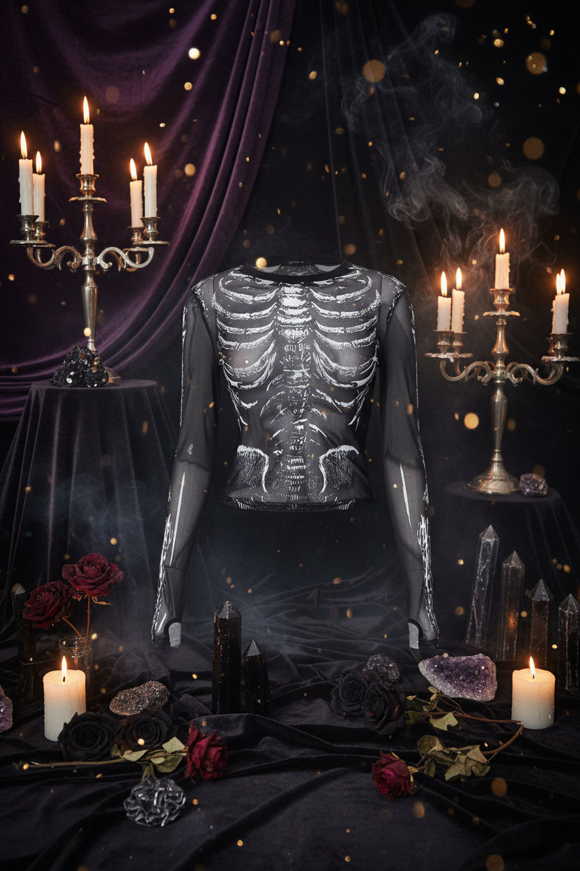 Long-sleeve shirt with skeleton design on a white background