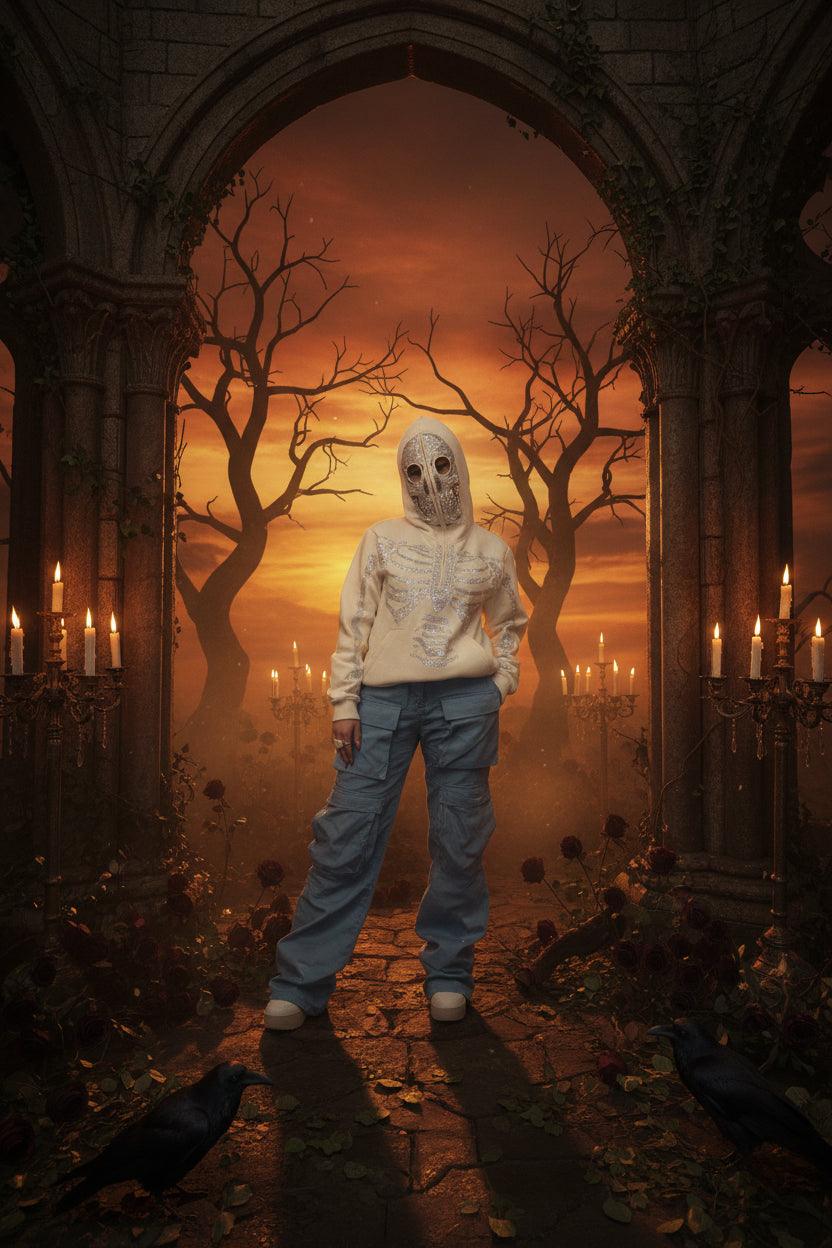Person wearing a skeleton-themed hoodie and blue pants in an indoor setting with cars and pillars.