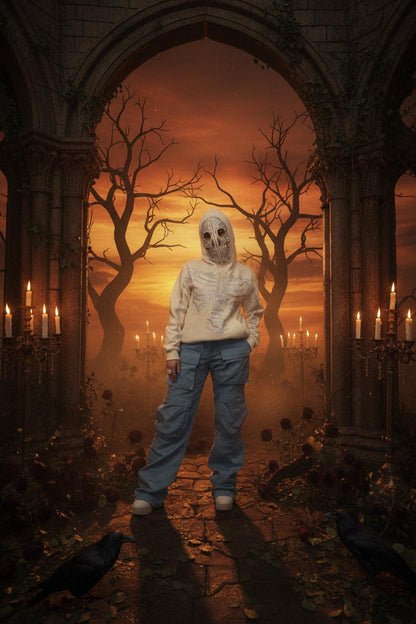 Person wearing a skeleton-themed hoodie and blue pants in an indoor setting with cars and pillars.
