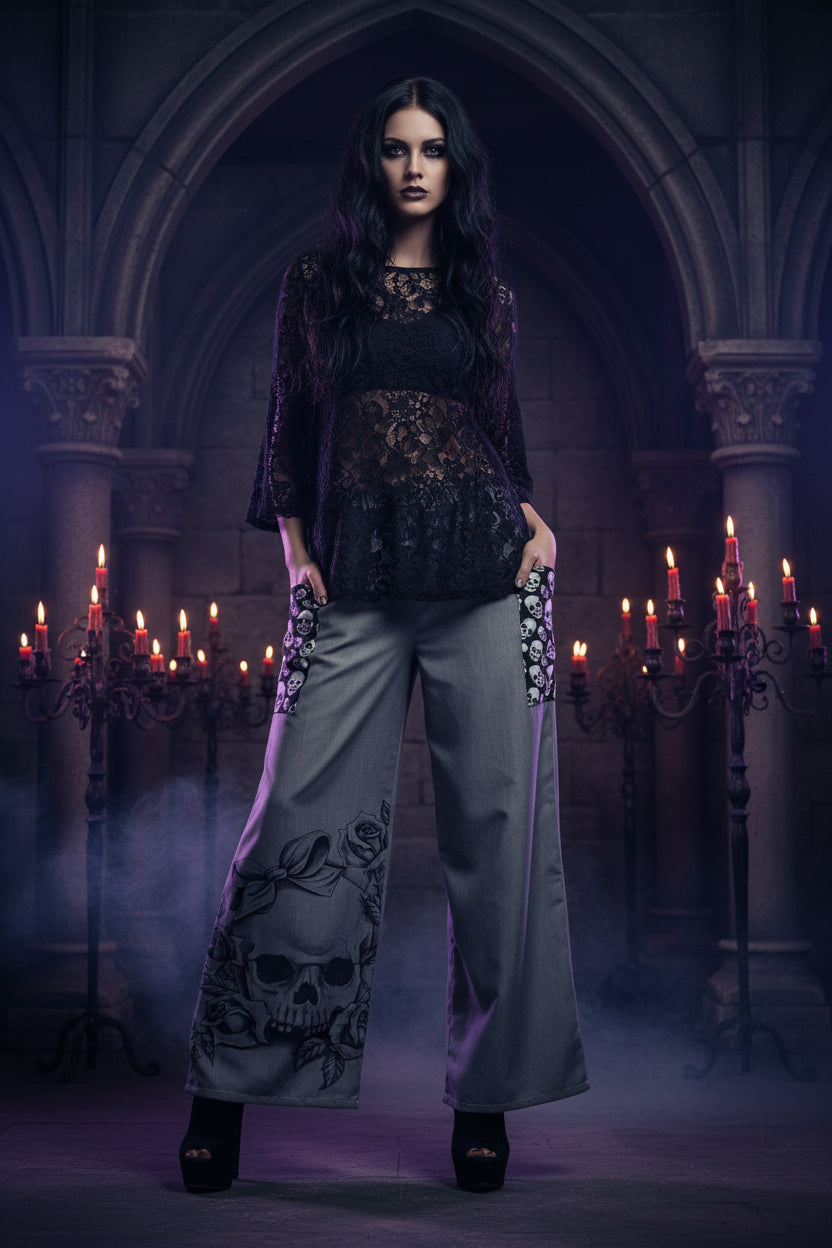 Boho Wide-Leg Women's Trousers with Skull Print Sorceress Sanctuary