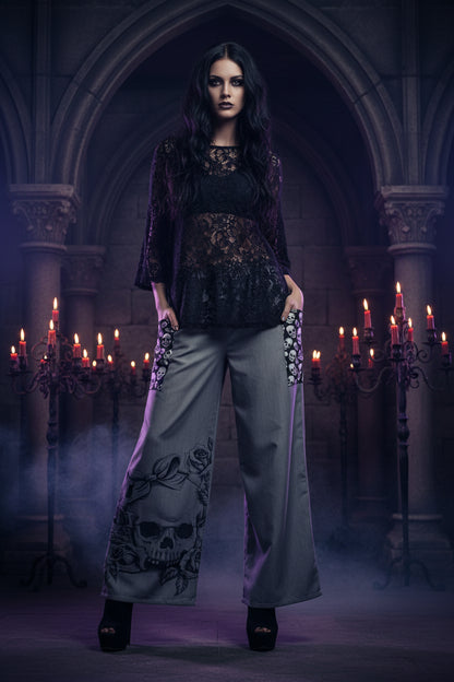 Boho Wide-Leg Women's Trousers with Skull Print Sorceress Sanctuary