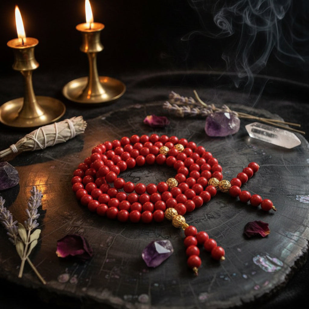 A coiled strand of red cylindrical beads with a few textured gold spacer beads, displayed on a dark textured background.