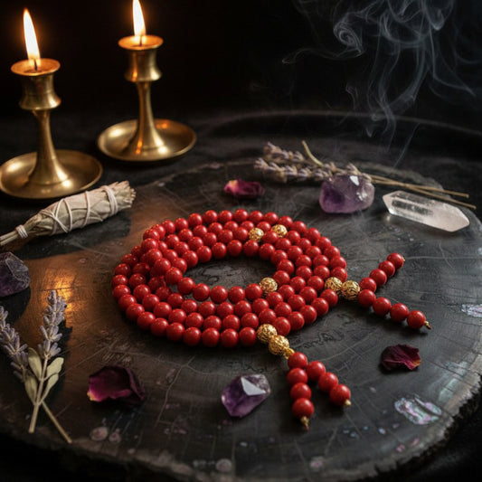 A coiled strand of red cylindrical beads with a few textured gold spacer beads, displayed on a dark textured background.