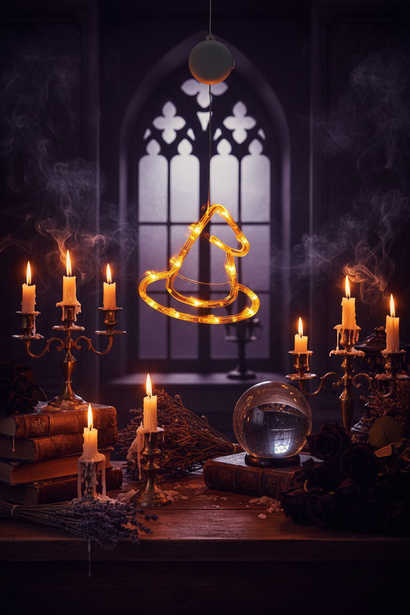 Decorative light shaped like a witch's hat with 'G style-hat' text above it, set against a blurred indoor background.