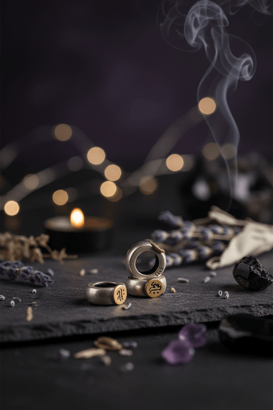 Sterling silver beads with engraved Sanskrit mantras, shown on a dark wooden surface alongside a matching glass beaded necklace. Text at the top identifies the material as S925 sterling silver.