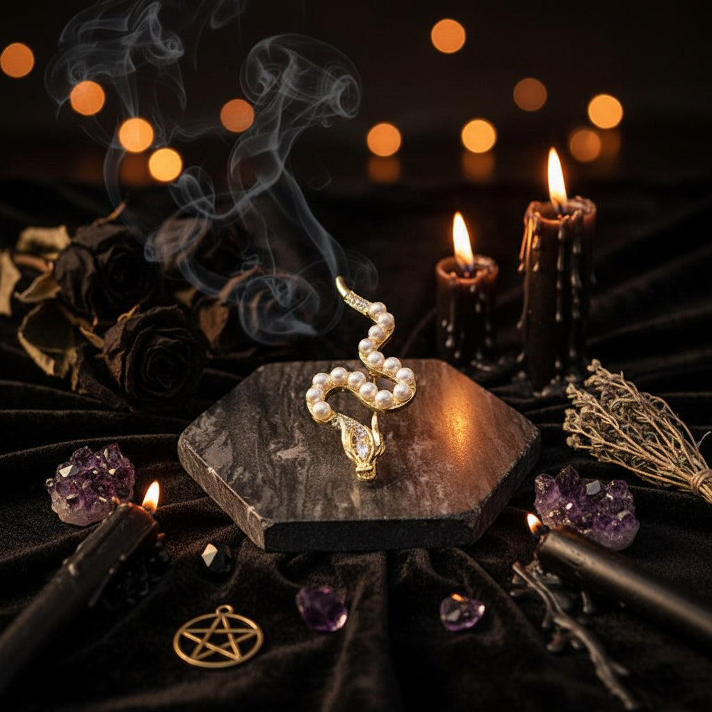 Gold and pearl snake-shaped brooch on a dark stone surface