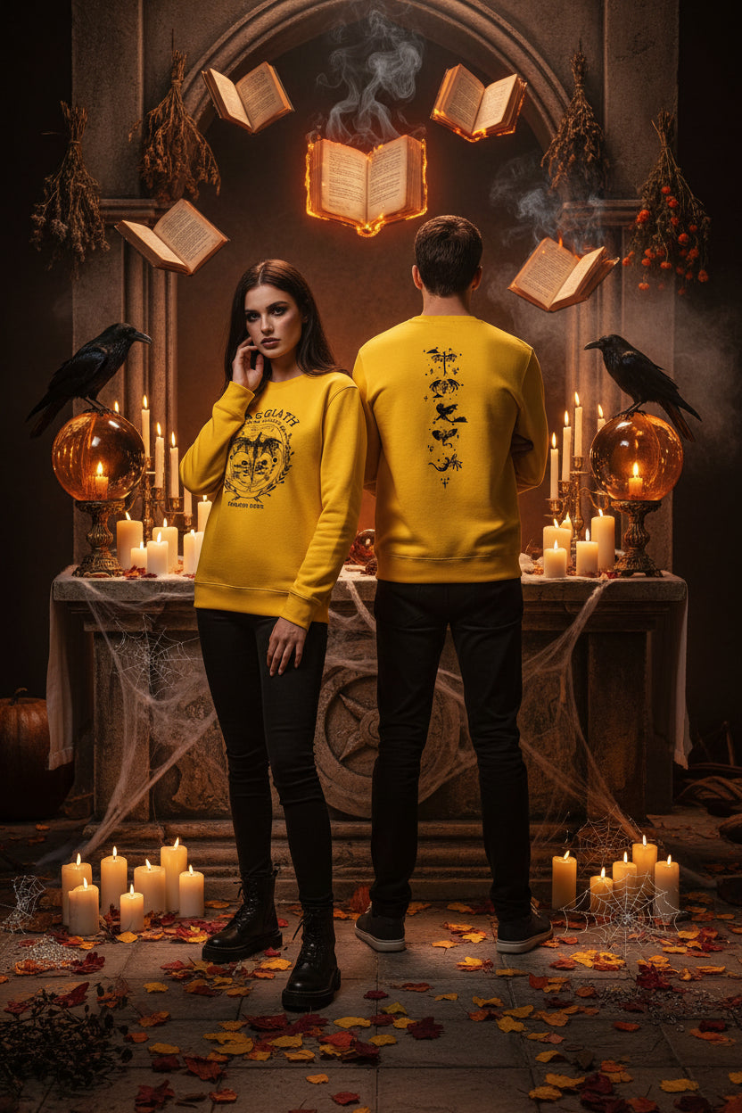 Yellow sweatshirt with black graphics on a white background