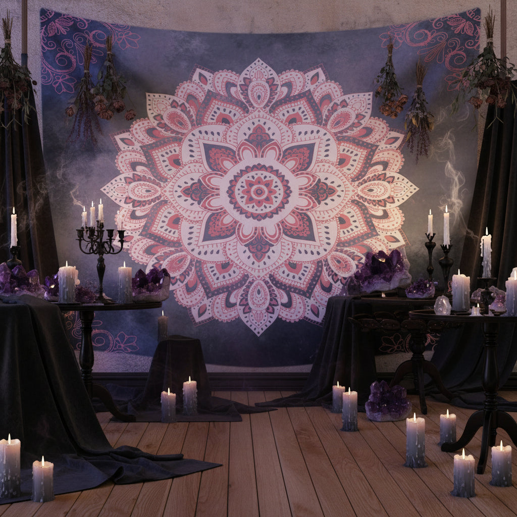 A large wall tapestry featuring a detailed pink, white, and gray mandala design on a dark blue-gray background, displayed in a room setting with a wooden floor, a black floor lamp, and a black picture frame.