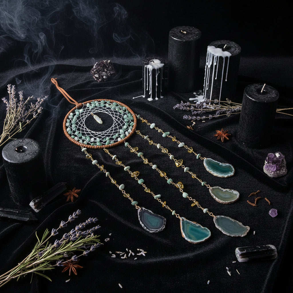 Dreamcatcher with turquoise stones on a wooden surface