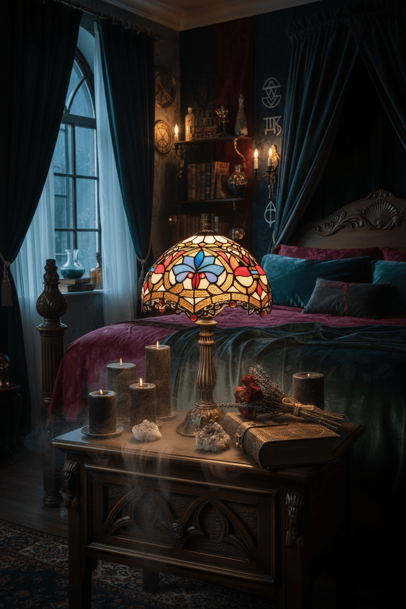 Tiffany-style table lamp with colorful stained glass shade on a white surface.