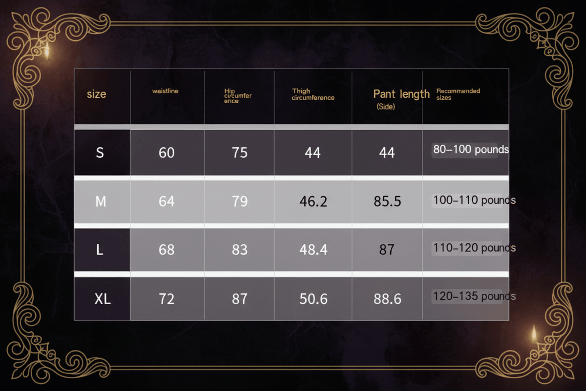 A size chart table with columns for size, waistline, hip circumference, thigh circumference, pant length (side), and recommended sizes, showing S, M, L, and XL measurements.
