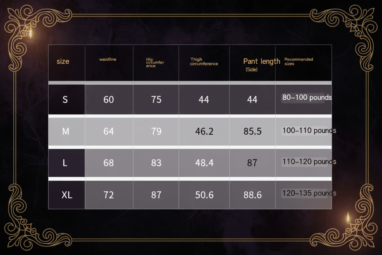 A size chart table with columns for size, waistline, hip circumference, thigh circumference, pant length (side), and recommended sizes, showing S, M, L, and XL measurements.