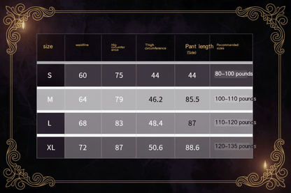 A size chart table with columns for size, waistline, hip circumference, thigh circumference, pant length (side), and recommended sizes, showing S, M, L, and XL measurements.