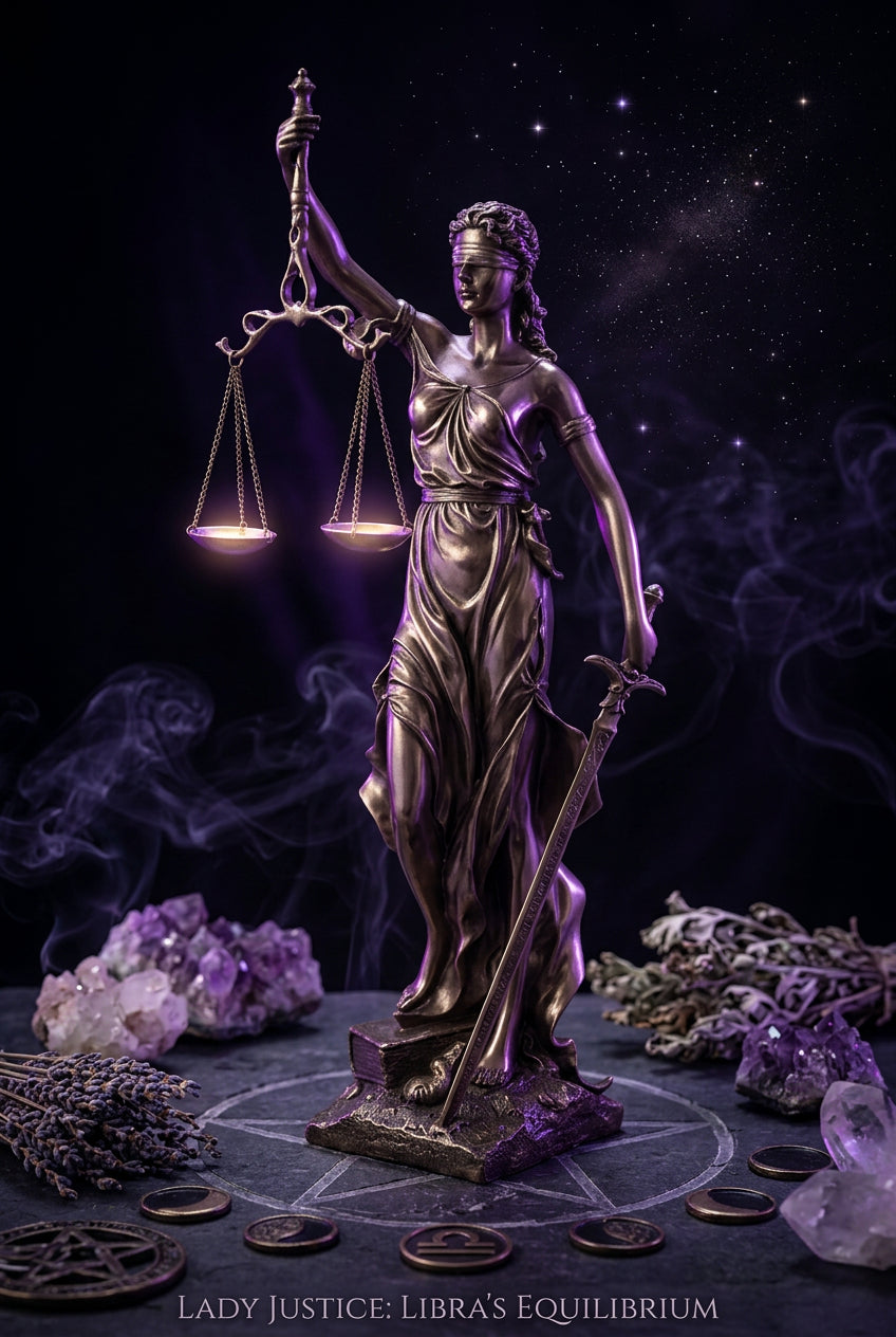 Statue of Lady Justice holding scales and a sword on a gray background
