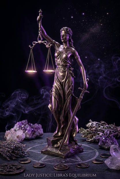Statue of Lady Justice holding scales and a sword on a gray background