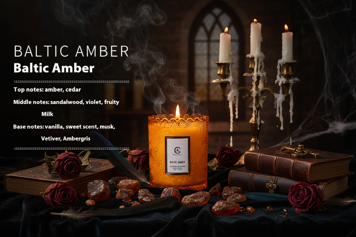 Baltic Amber candle with detailed description on a white background