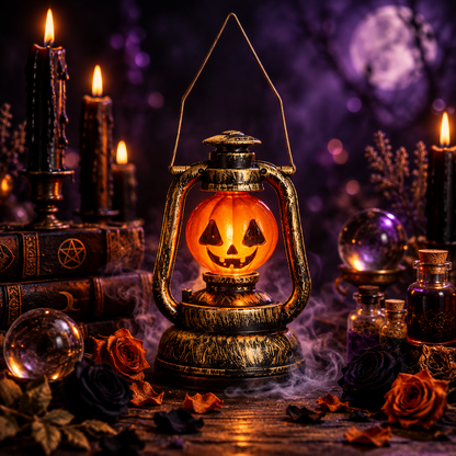 A hanging Halloween lantern shaped like an old metal oil lamp, with a glowing orange jack-o'-lantern face in the center and a wire hanger at the top, shown on a plain white background.