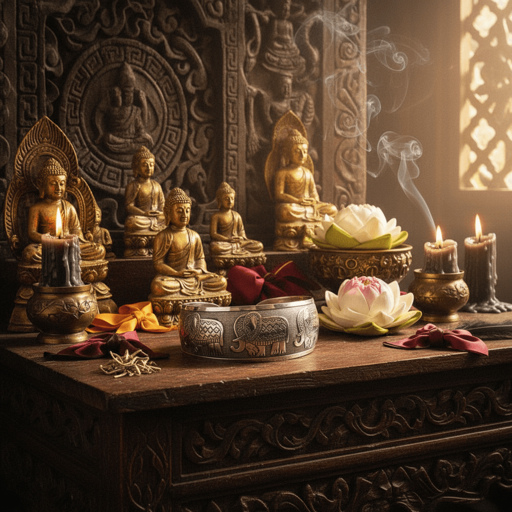 A styled arrangement of multiple Buddha statues in gold and silver tones on a carved wooden altar, alongside lotus flowers, burning candles, and incense smoke against a dark ornate backdrop.