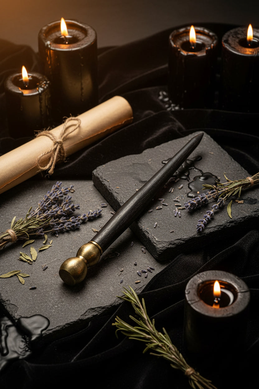 A slender black wooden pointer or wand with a textured antique gold metal cap, centered on a plain white background.