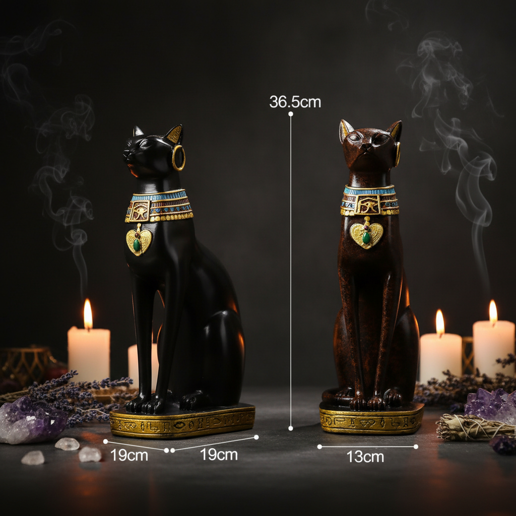 Two cat figurines with decorative collars, one black and one brown, on a white background with measurements.