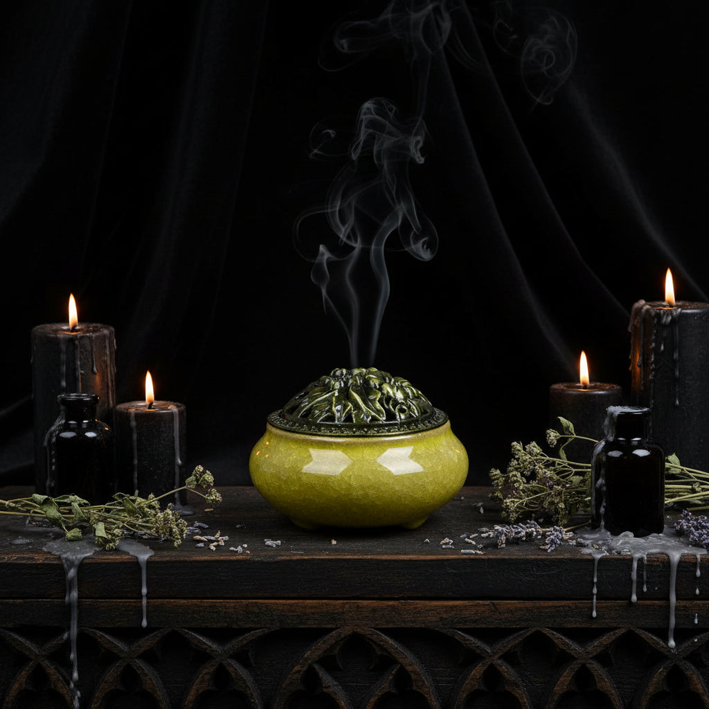 A small ceramic incense burner with a rounded body and perforated lid, shown on a wooden surface against a black background. The glaze is a pale yellow-green with a glossy finish, and the lid has a darker green floral relief design.