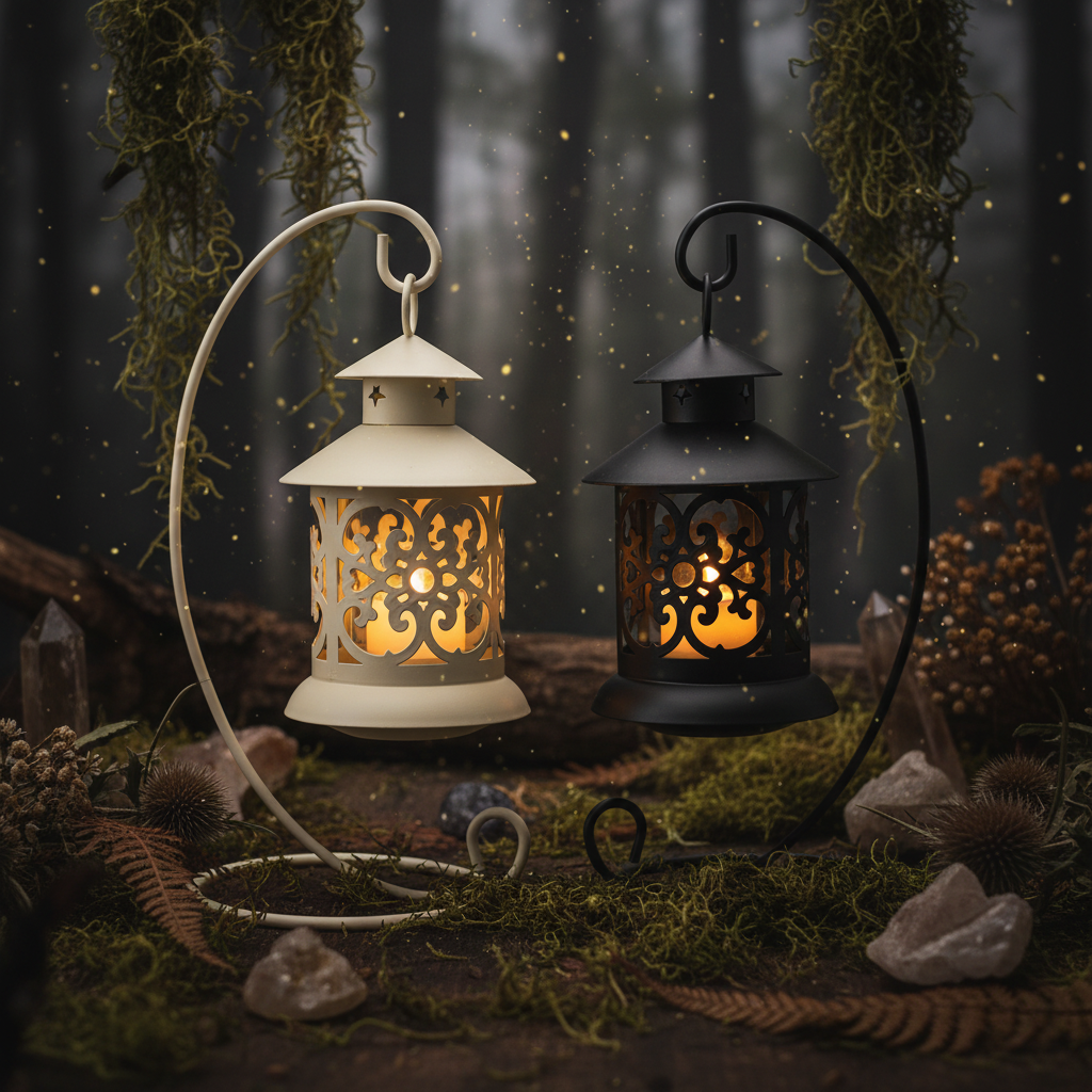 Two decorative lanterns, one beige and one black, on a white background.