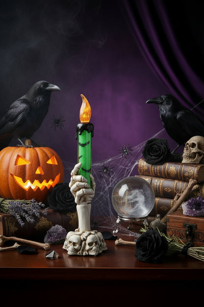 Halloween-themed candle with skeleton hand holder on a table with decorative items.