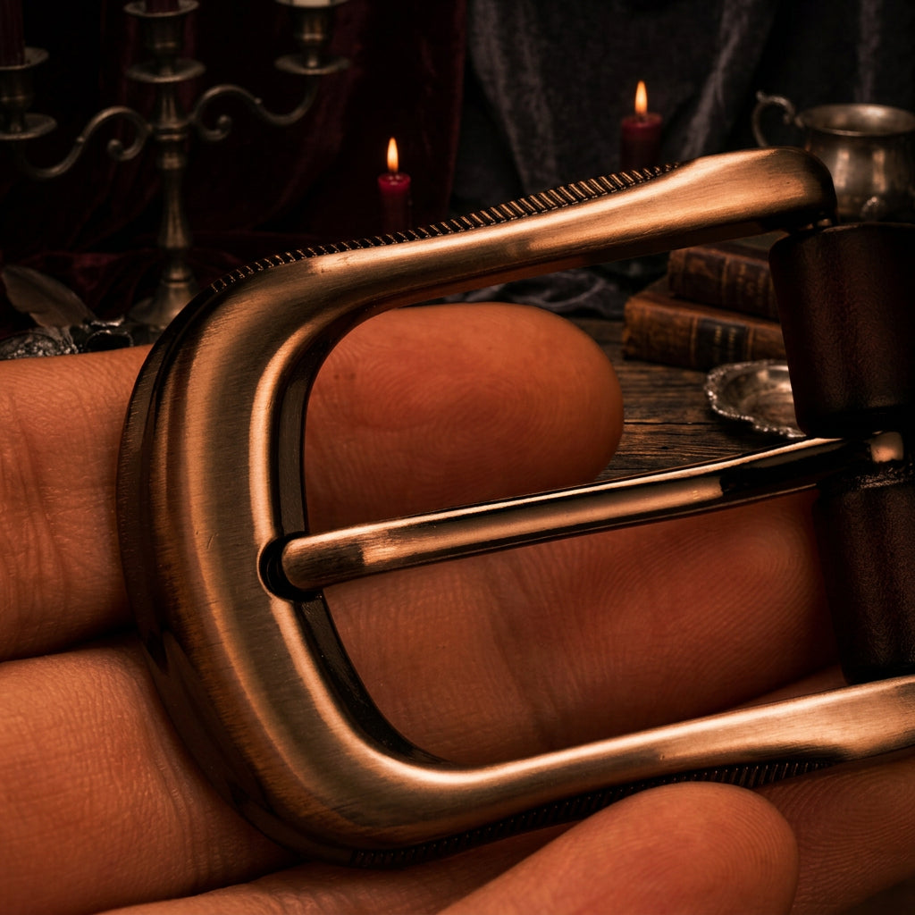 Close-up of a belt buckle held in a hand with a brown background