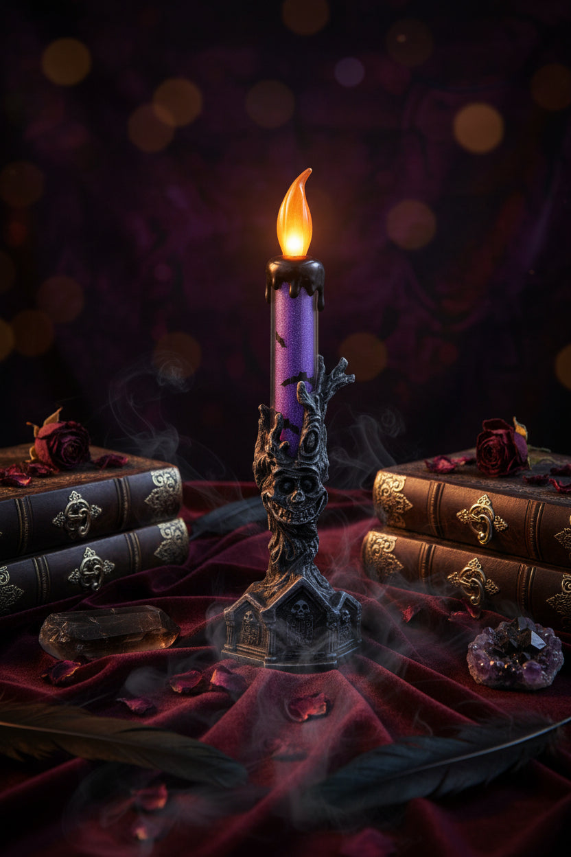 A Halloween-style decorative candle with a purple body, black wax-like top and base, and an orange flame-shaped bulb, shown on a plain white background.