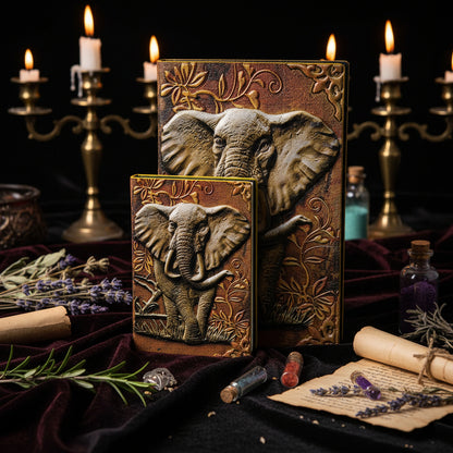 Notebook with elephant design on a white surface with a clock in the background