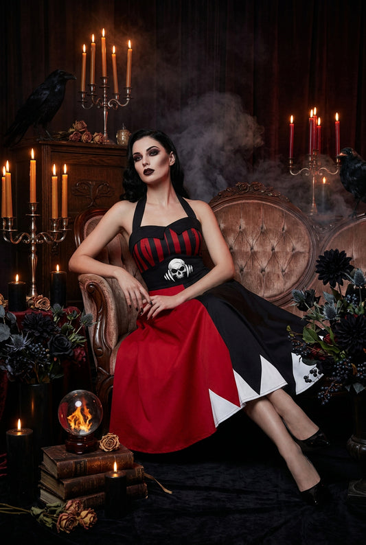 Two views of a retro-style halter dress shown on a white background, labeled B360-1016. The top view shows the full dress with a red and black split skirt and black lace bodice.