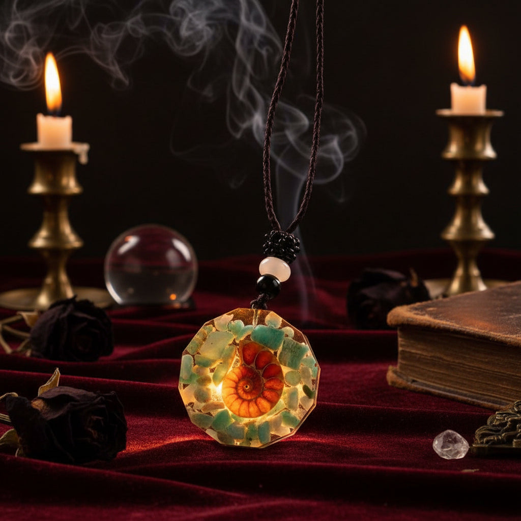 Turquoise pendant with a central brown stone on a black surface