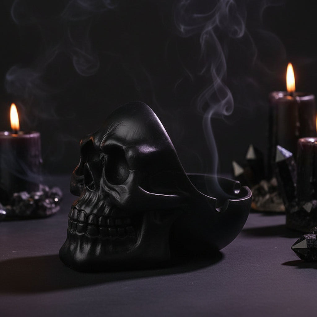 Black skull-shaped ashtray with a cigarette inside on a white background