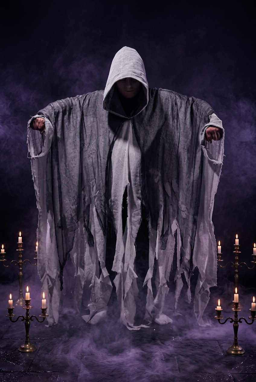A person wearing a tattered, ghostly hooded costume robe in dark gray and black, with long ragged fabric strips hanging from the front, posed against a plain light backdrop.