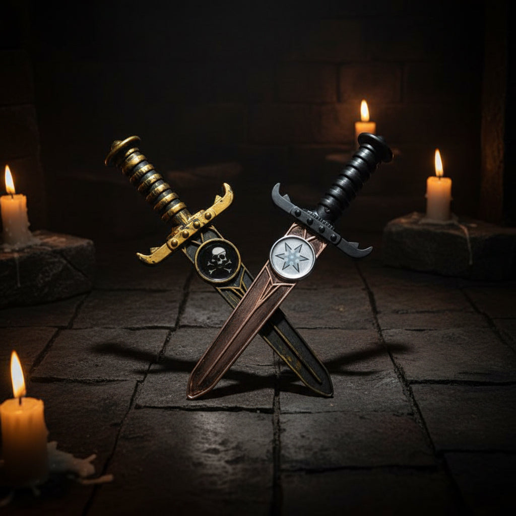 Two toy swords with decorative handles on a white background